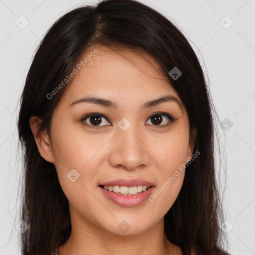 Joyful white young-adult female with long  brown hair and brown eyes