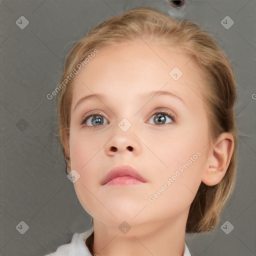 Neutral white child female with medium  brown hair and grey eyes