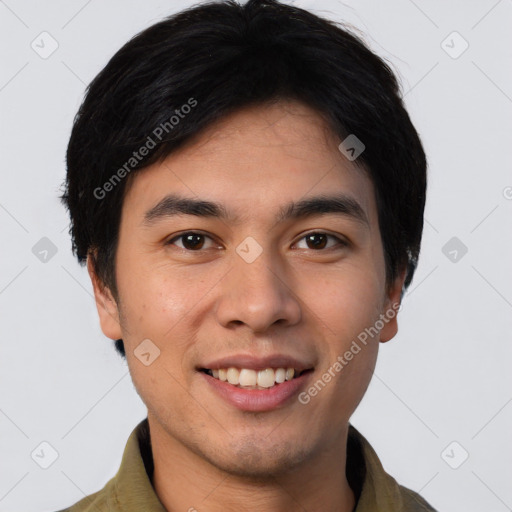 Joyful asian young-adult male with short  brown hair and brown eyes