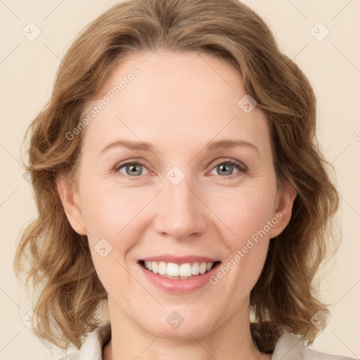 Joyful white young-adult female with medium  brown hair and green eyes