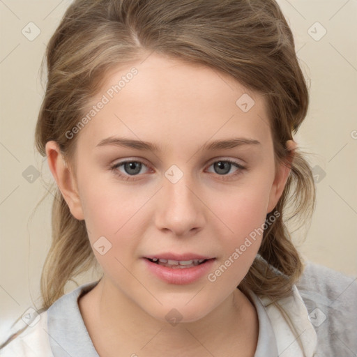 Joyful white child female with medium  brown hair and grey eyes