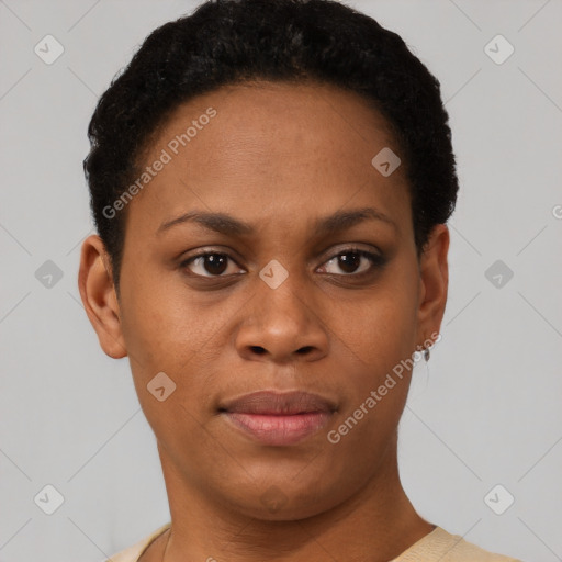 Neutral black young-adult female with short  black hair and brown eyes