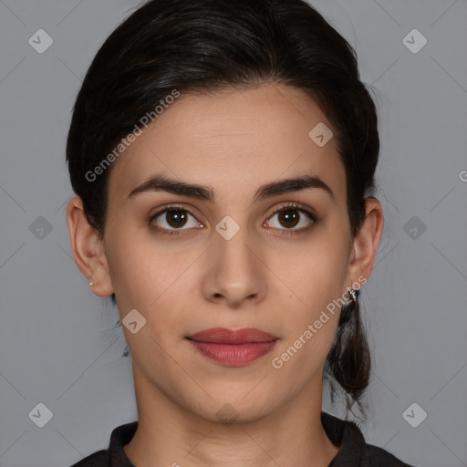 Joyful white young-adult female with medium  brown hair and brown eyes