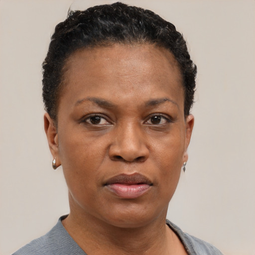 Joyful black adult female with short  black hair and brown eyes