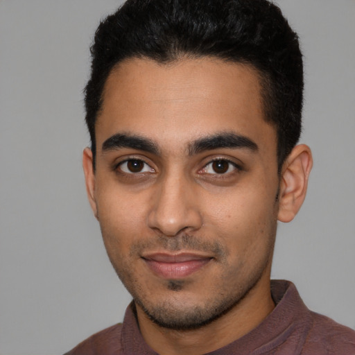 Neutral latino young-adult male with short  black hair and brown eyes