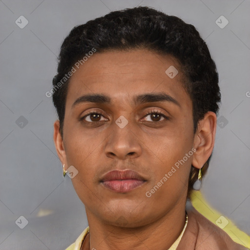 Neutral latino young-adult male with short  brown hair and brown eyes