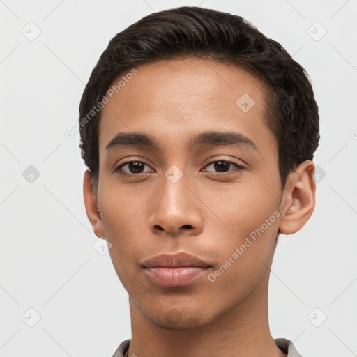 Neutral white young-adult male with short  brown hair and brown eyes