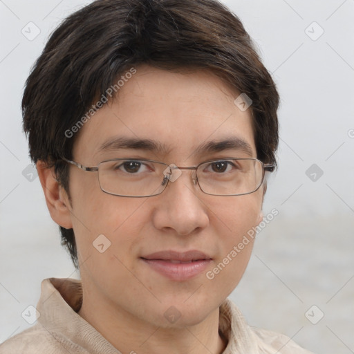 Joyful white adult female with short  brown hair and brown eyes