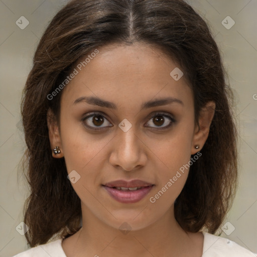 Joyful white young-adult female with medium  brown hair and brown eyes