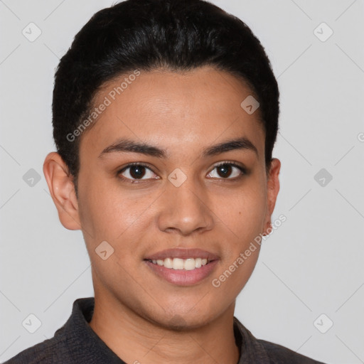 Joyful latino young-adult female with short  brown hair and brown eyes