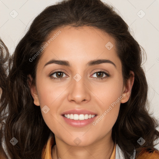 Joyful white young-adult female with long  brown hair and brown eyes