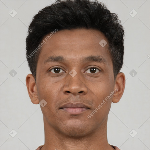 Neutral black young-adult male with short  brown hair and brown eyes