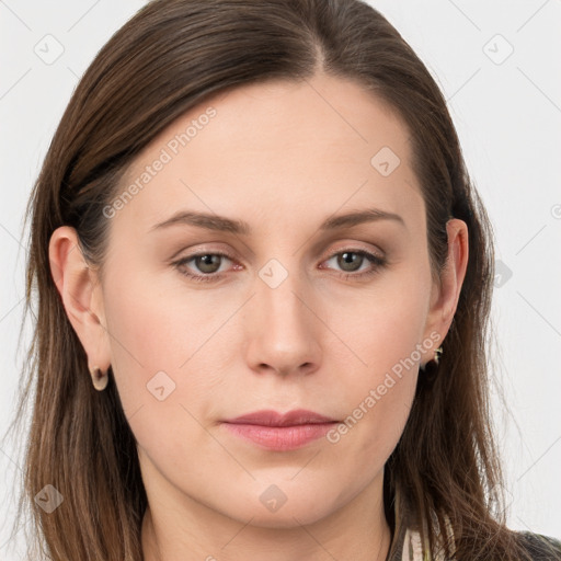 Neutral white young-adult female with long  brown hair and grey eyes