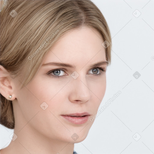 Neutral white young-adult female with medium  brown hair and grey eyes