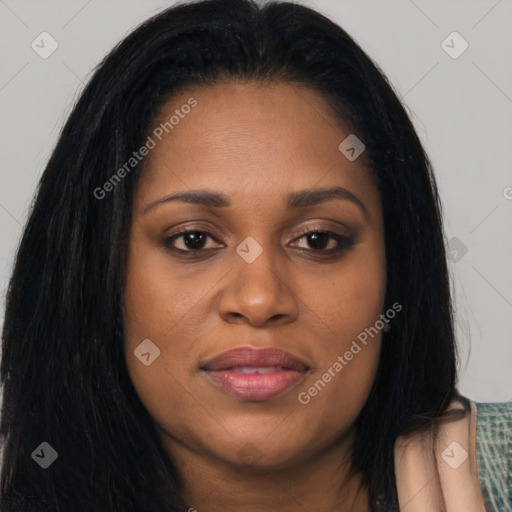 Joyful latino young-adult female with long  brown hair and brown eyes