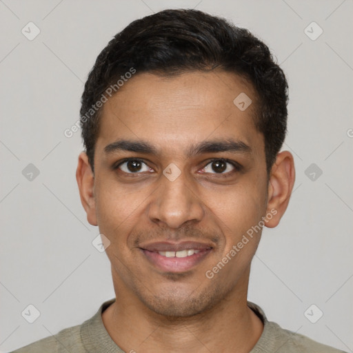 Joyful latino young-adult male with short  black hair and brown eyes