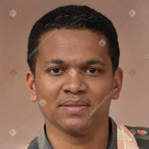 Joyful latino young-adult male with short  brown hair and brown eyes