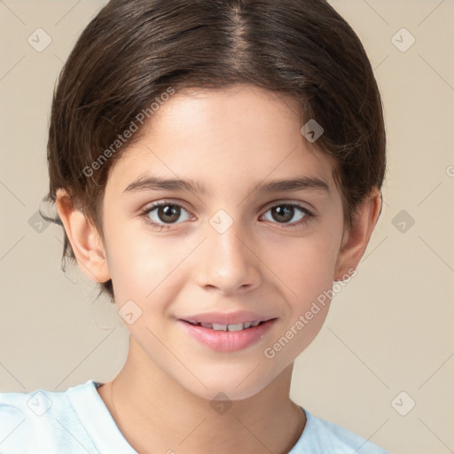 Joyful white child female with short  brown hair and brown eyes