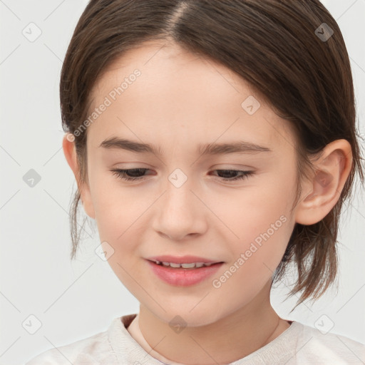 Joyful white child female with medium  brown hair and brown eyes