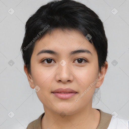 Joyful asian young-adult female with short  black hair and brown eyes