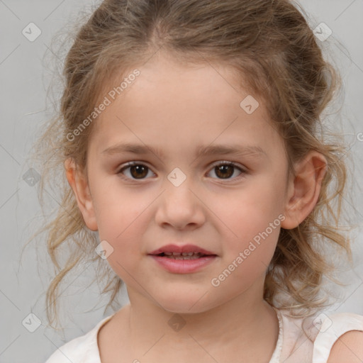 Joyful white child female with medium  brown hair and brown eyes