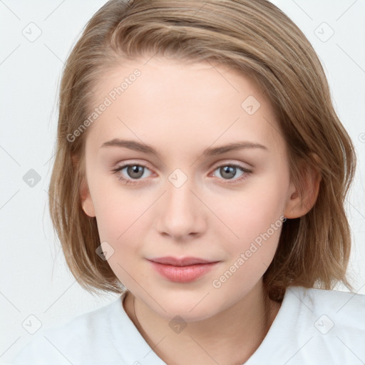 Neutral white young-adult female with medium  brown hair and blue eyes