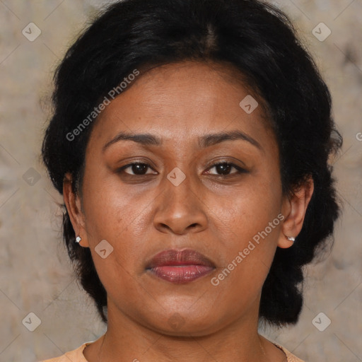 Joyful asian adult female with medium  brown hair and brown eyes