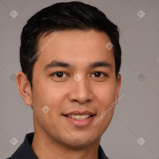 Joyful white young-adult male with short  black hair and brown eyes