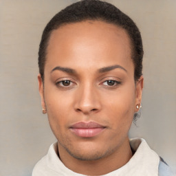 Neutral white young-adult female with short  black hair and brown eyes
