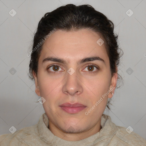 Neutral white young-adult female with short  brown hair and brown eyes