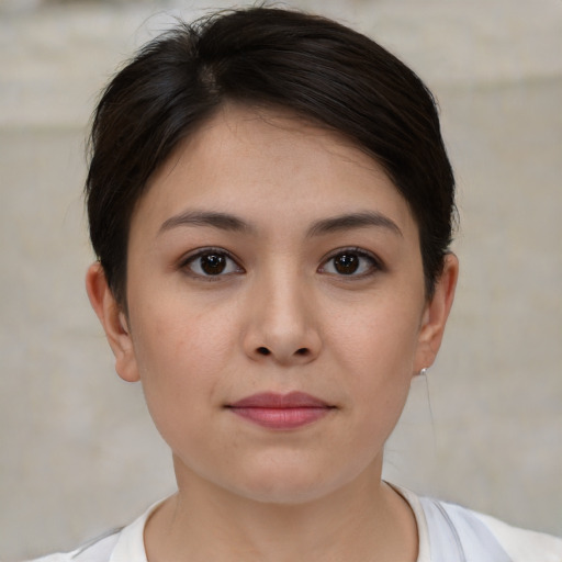 Neutral white young-adult female with short  brown hair and brown eyes