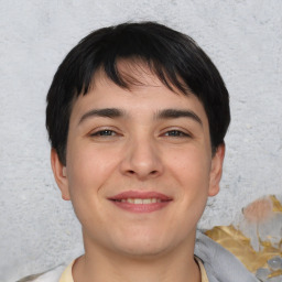 Joyful white young-adult male with medium  brown hair and brown eyes