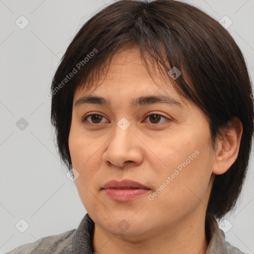 Joyful white adult female with medium  brown hair and brown eyes