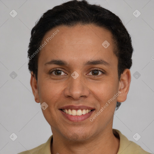 Joyful latino young-adult female with short  brown hair and brown eyes