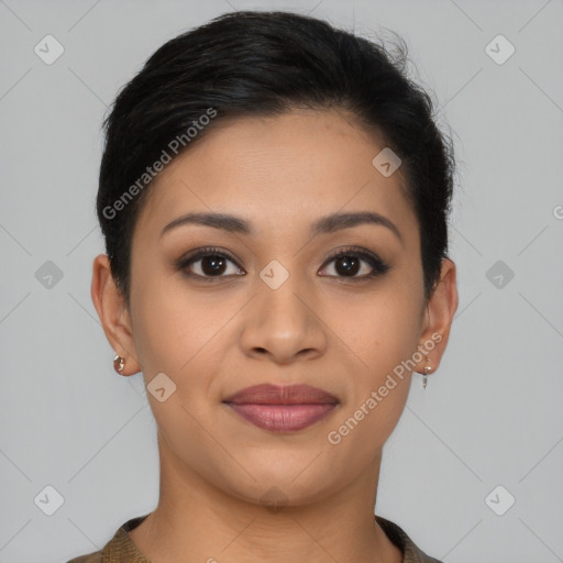 Joyful latino young-adult female with short  brown hair and brown eyes