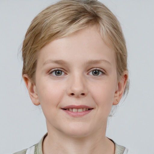 Joyful white child female with medium  brown hair and grey eyes