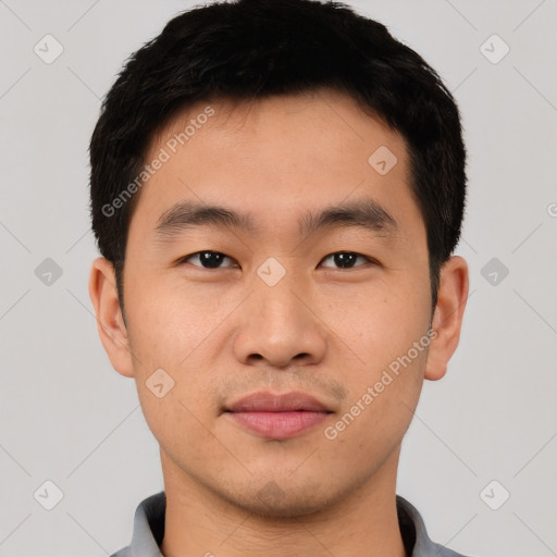 Neutral asian young-adult male with short  black hair and brown eyes