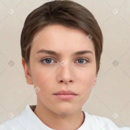 Neutral white young-adult female with short  brown hair and brown eyes