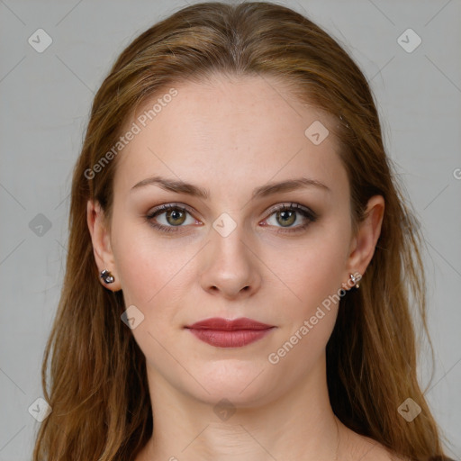 Joyful white young-adult female with long  brown hair and green eyes