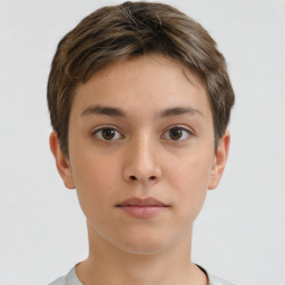 Neutral white young-adult female with short  brown hair and brown eyes