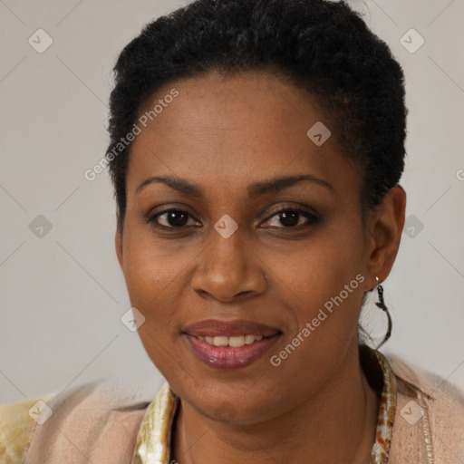 Joyful black young-adult female with short  brown hair and brown eyes