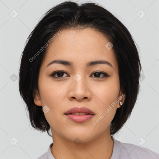 Neutral asian young-adult female with medium  brown hair and brown eyes