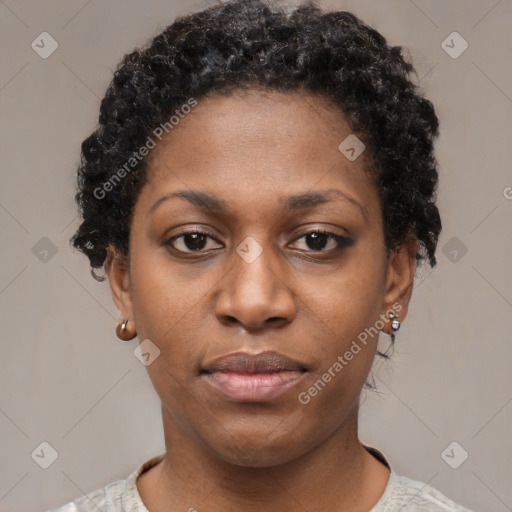 Neutral black young-adult female with short  black hair and brown eyes