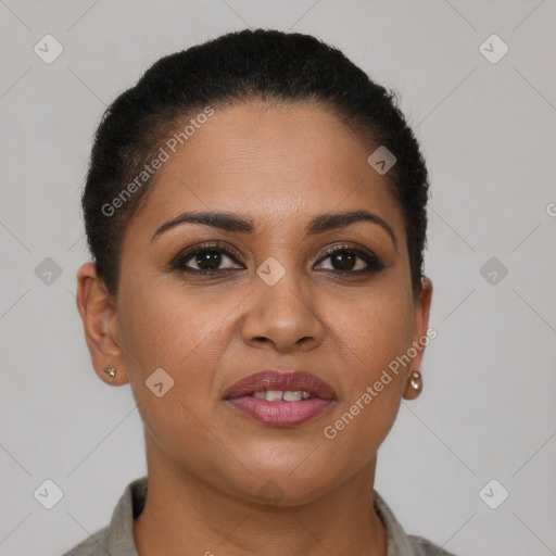 Joyful latino young-adult female with short  brown hair and brown eyes