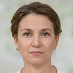 Joyful white adult female with short  brown hair and grey eyes