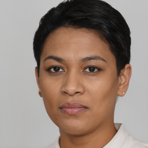 Neutral latino young-adult female with short  black hair and brown eyes