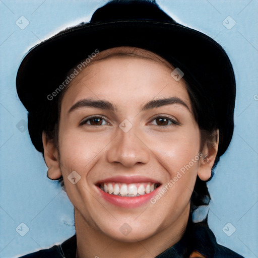 Joyful white young-adult female with short  black hair and brown eyes