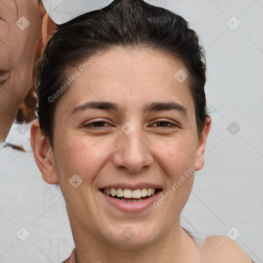 Joyful white young-adult female with short  brown hair and brown eyes