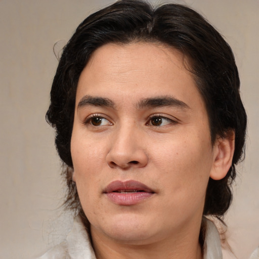 Joyful white young-adult male with medium  brown hair and brown eyes