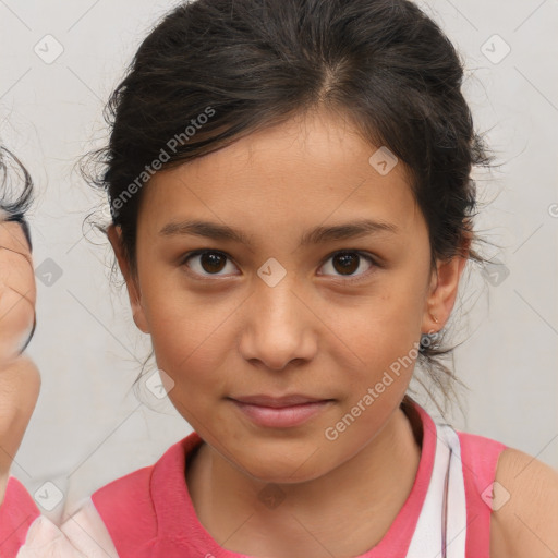 Joyful white child female with medium  brown hair and brown eyes